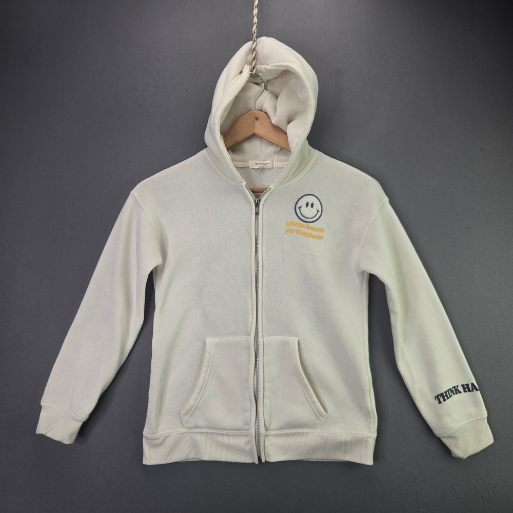 No Comment Girls Zip Hoodie Smiley Face Be Happy Size L 14 Cream Graphic Fleece